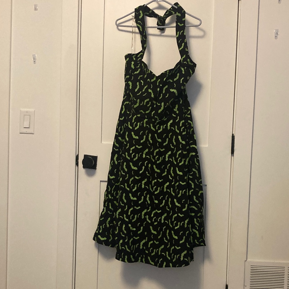 Unique Vintage Black Dress with Green Pattern